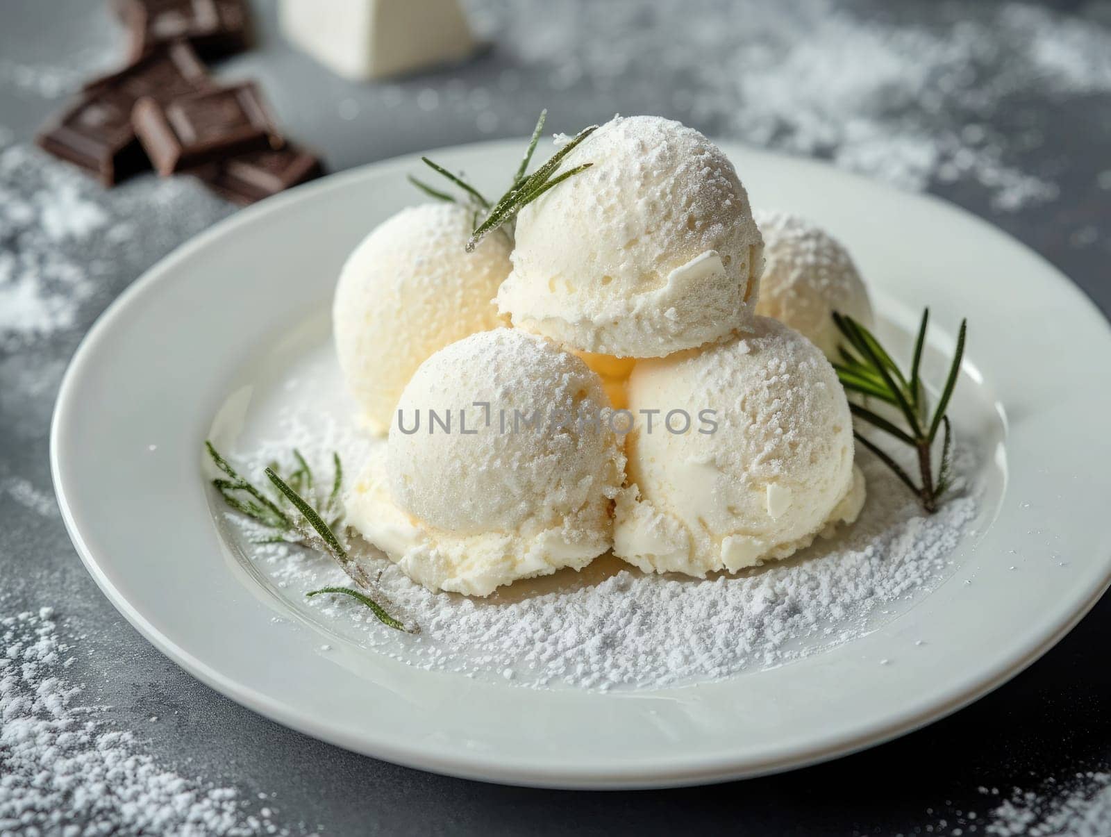 Five perfectly rounded scoops of vanilla ice cream are arranged on a plate, lightly dusted with powdered sugar and garnished with fresh herbs, creating an inviting dessert.