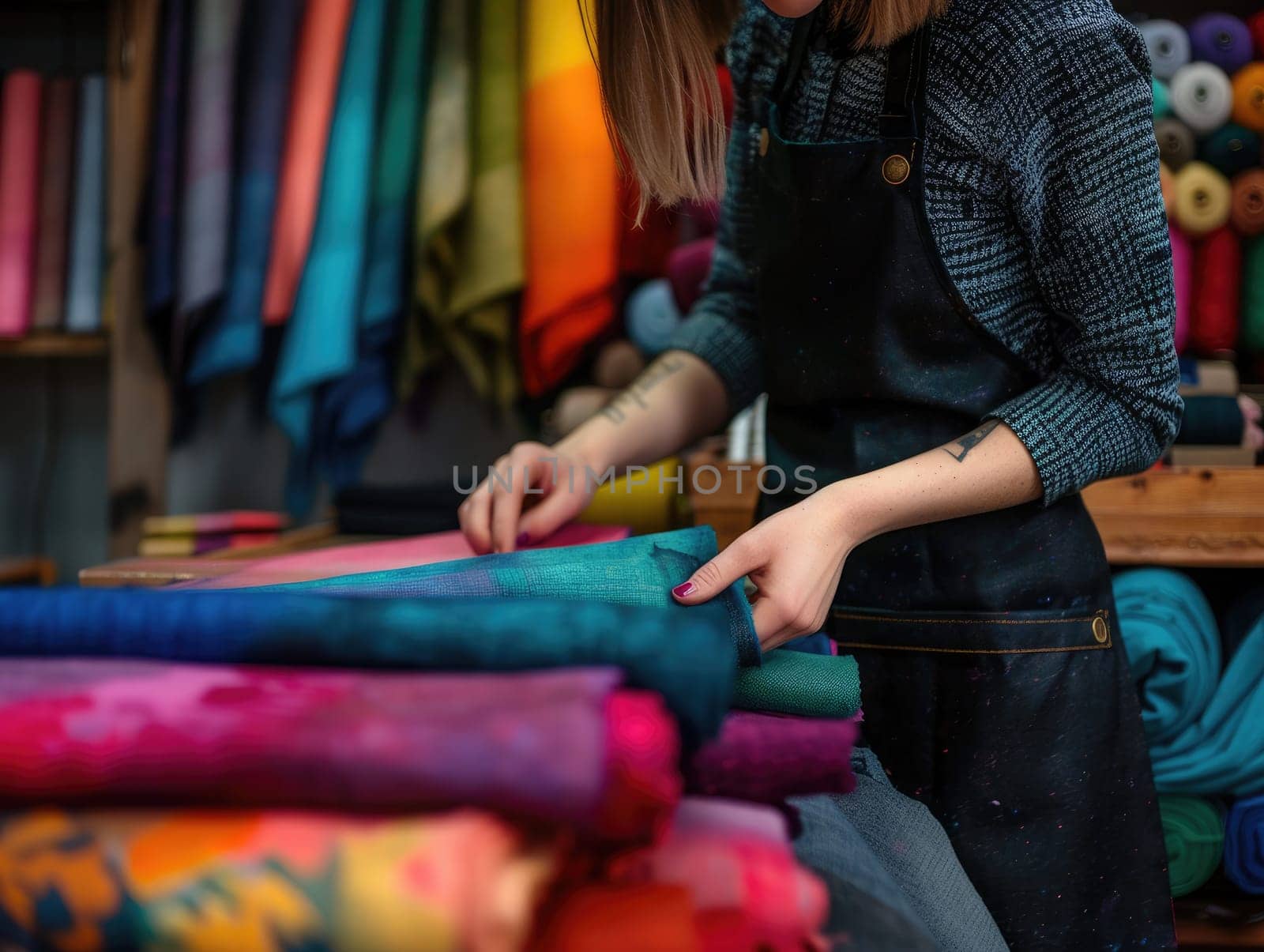 The textile artist is focused on arranging various vibrant fabric rolls in her workshop. The bright colors create an inviting atmosphere as she organizes her workspace.