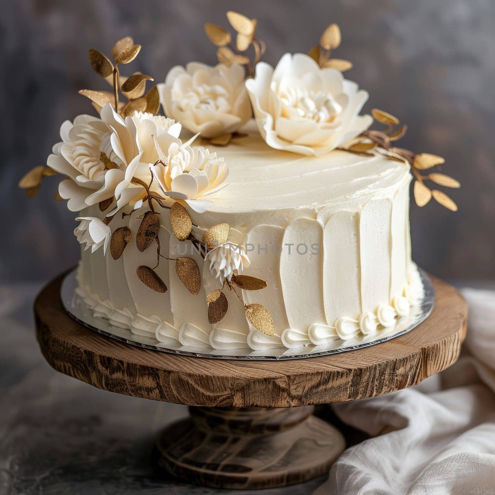 A beautifully crafted cake sits on a rustic wooden stand, embellished with delicate floral designs and golden leaves, suitable for special occasions or dessert tables.