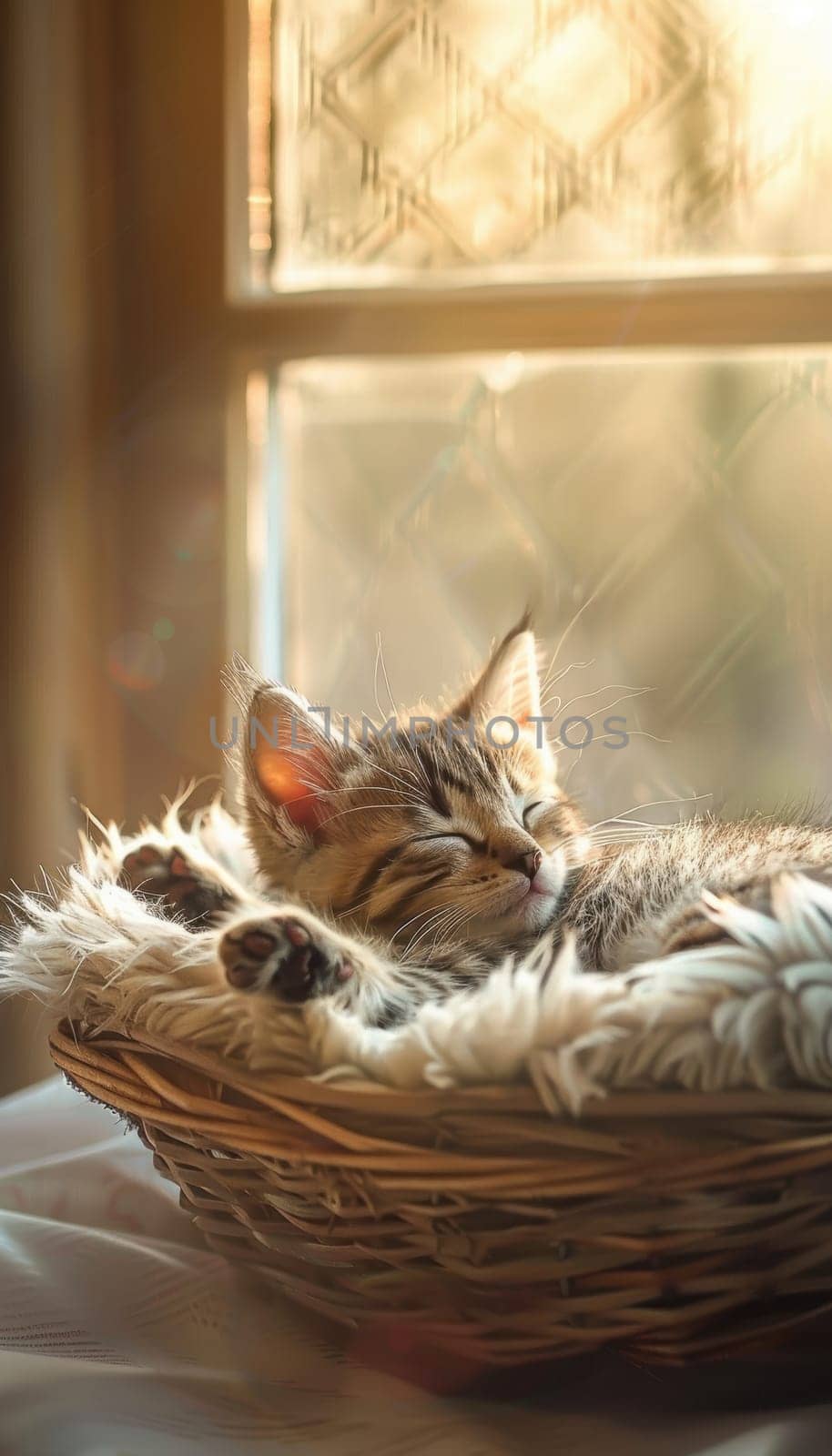 A serene kitten snoozes peacefully, nestled in a cozy basket by a sunlit window. the room's warm glow enhances the tranquil atmosphere, ideal for showcasing pet relaxation and comfort in design or advertising.