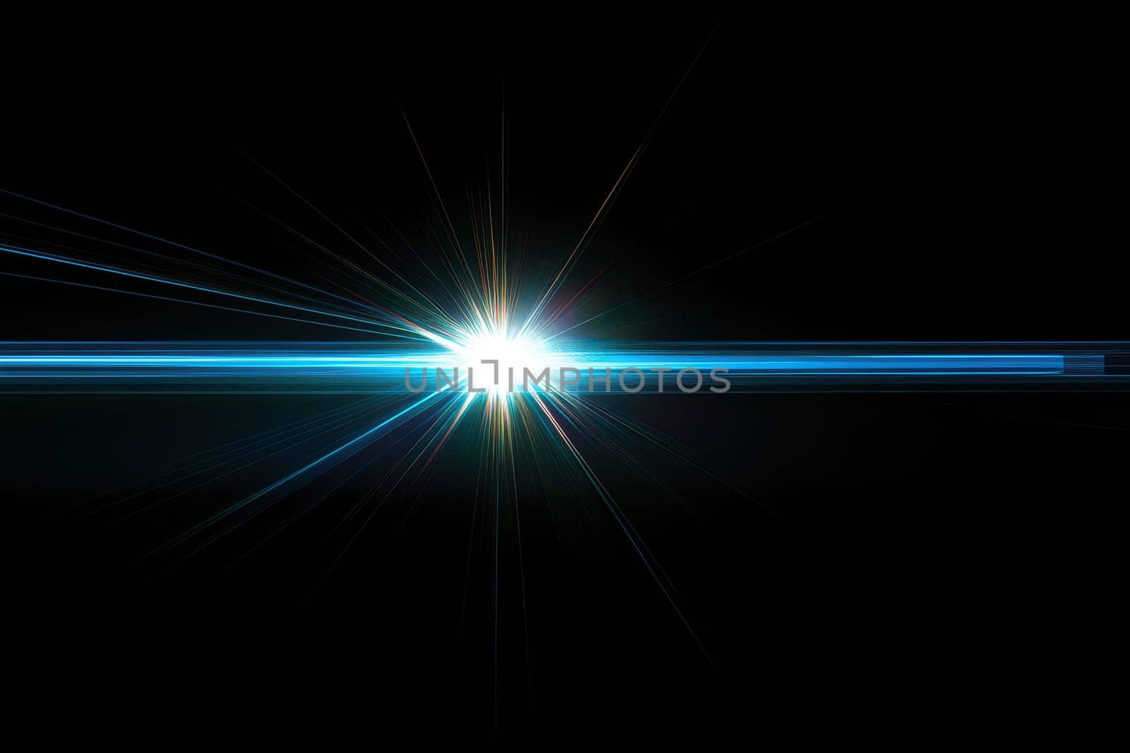 beautiful blue lens flare effect overlay texture with bokeh effect and anamorphic light streak in front of a black background..