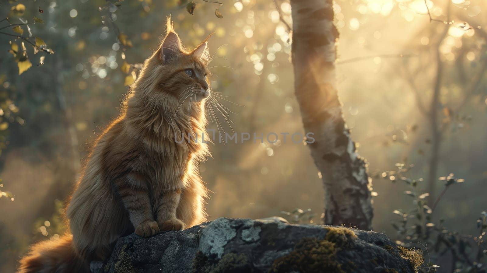 Norwegian forest cat elegantly perched on a mossy rock amidst a misty forest. sunlight filters through the trees, casting a golden glow on its thick fur, creating a serene, ethereal atmosphere in a peaceful woodland setting.