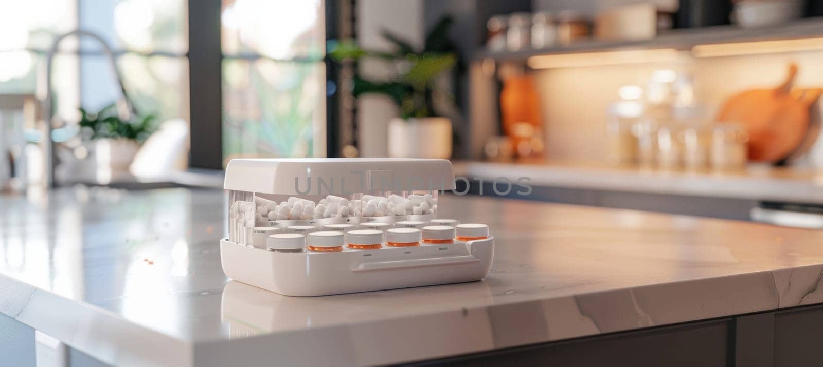 A user-friendly pill organizer for arthritis patients showcased on a modern kitchen counter. each daily compartment is designed for easy access, promoting efficient management of supplements and medications in a contemporary home setting.