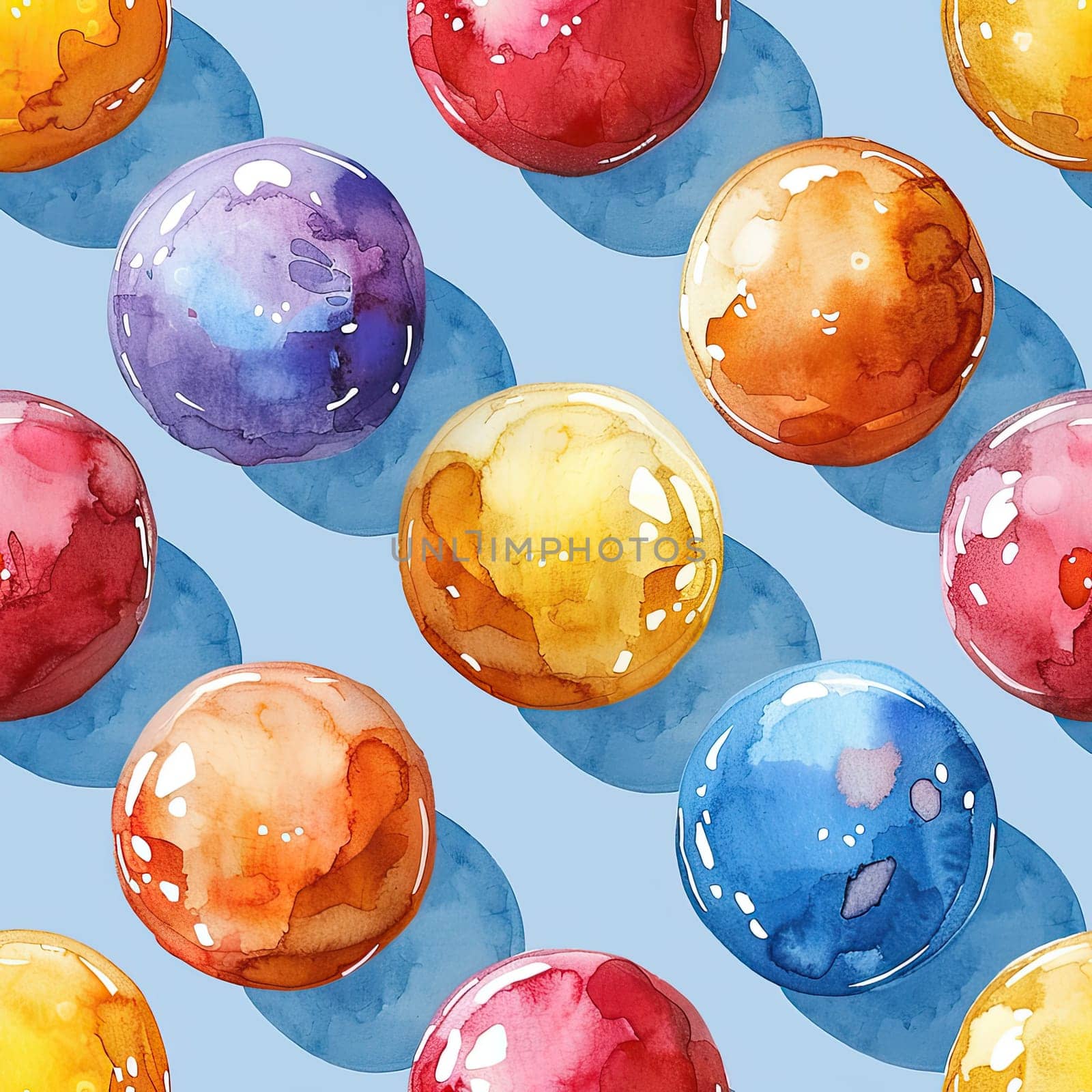 A vibrant arrangement of glossy watercolor marbles casting soft shadows on a light blue surface.