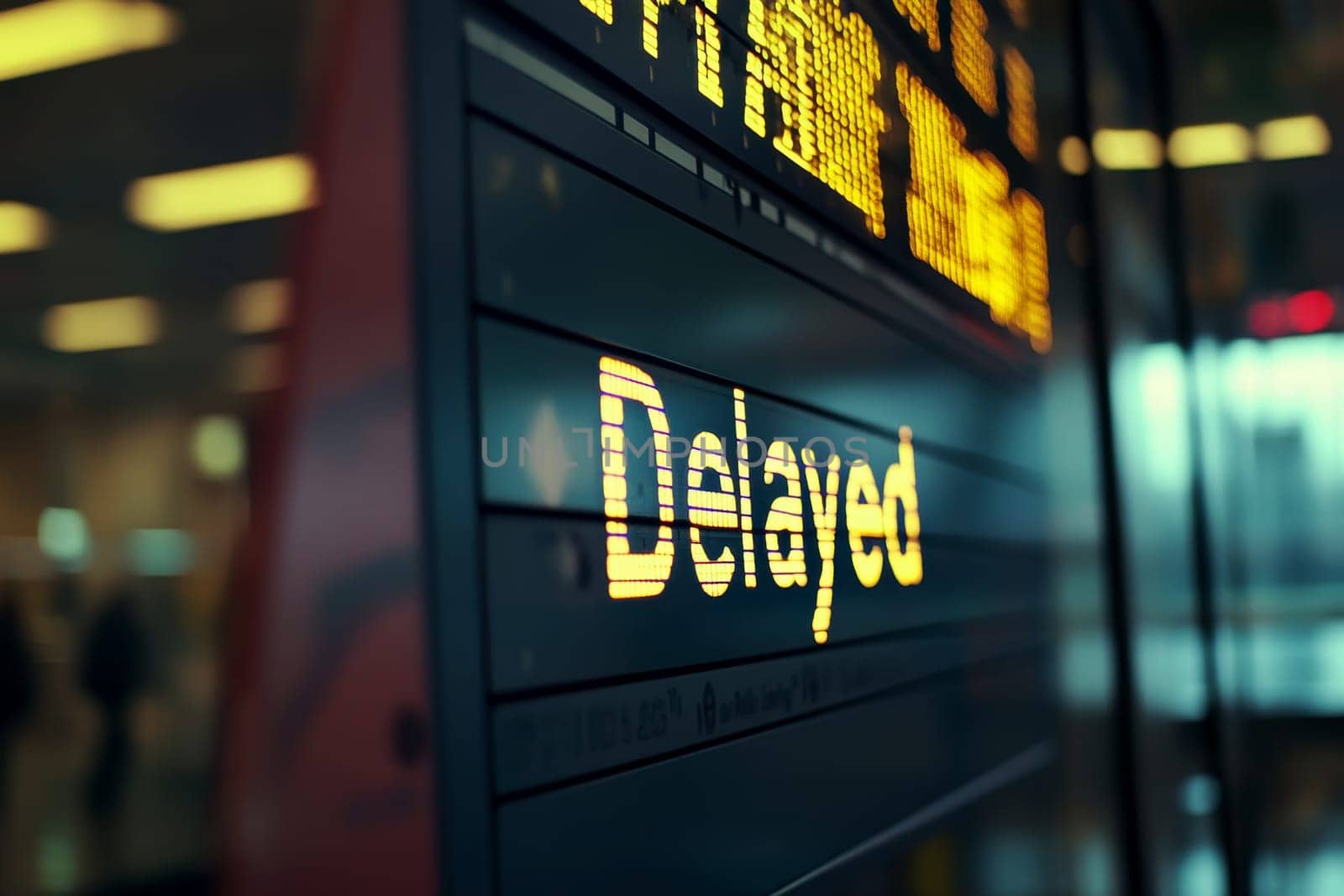An airport departure board displays multiple flights labeled as Delayed, indicating widespread disruptions, possibly due to an airline strike or technical problems with the aircraft..