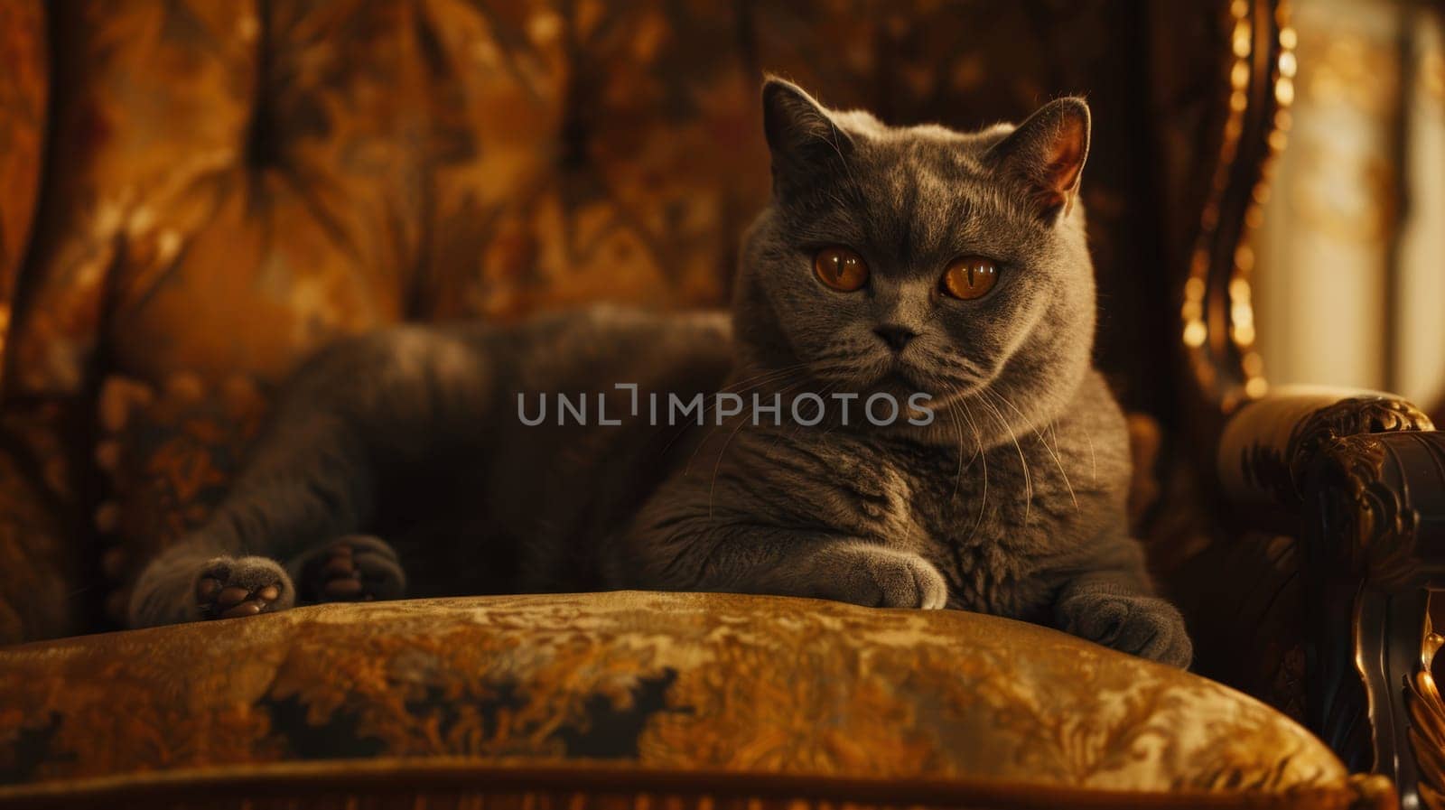 British shorthair cat lounging on an ornately patterned armchair in a softly lit room. the cat's dense fur and amber eyes highlight the room's luxurious atmosphere, ideal for lifestyle and pet-themed designs.