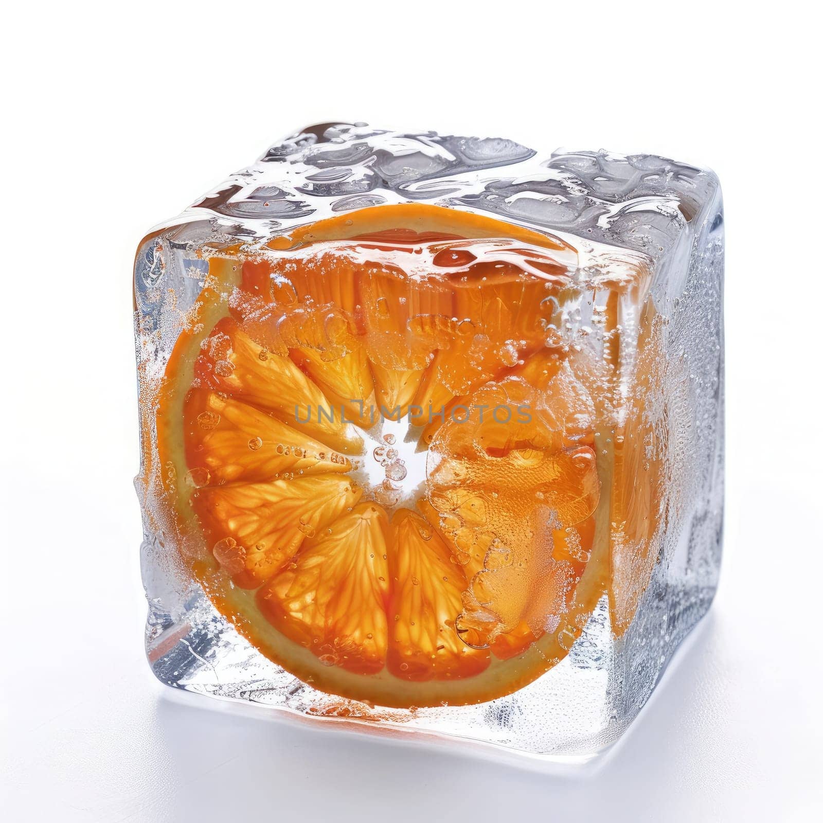 A bright orange slice is embedded in a square of clear ice, glistening with condensation and reflecting light, ideal for enhancing beverages.
