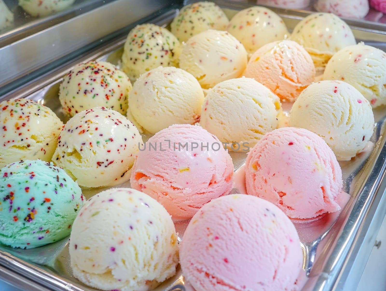 A variety of ice cream scoops in pastel colors, including mint green, pink, and vanilla, are beautifully arranged in a metal tray at a local shop.