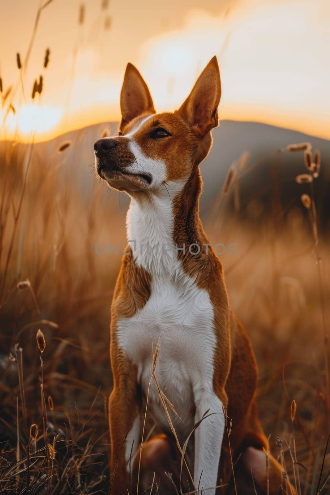 Basenji dog stands proudly in a sunlit field, its smooth coat and pointed ears highlighted by the golden sunset. the scene breed's grace and elegance, set against a warm, natural background.