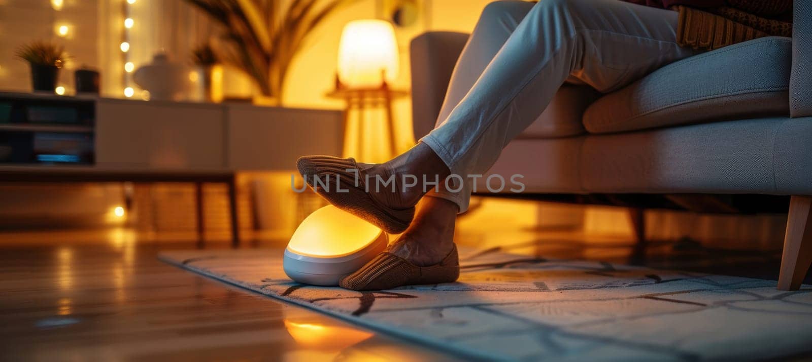 Senior woman's feet enjoying the soothing comfort of an electric foot massager for arthritis relief. set in a cozy modern living room with warm ambient lighting and contemporary furnishings.