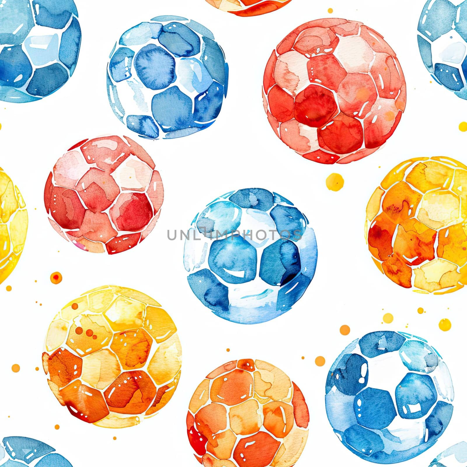 A collection of vibrant watercolor soccer balls in various colors, evenly scattered on a bright white background.