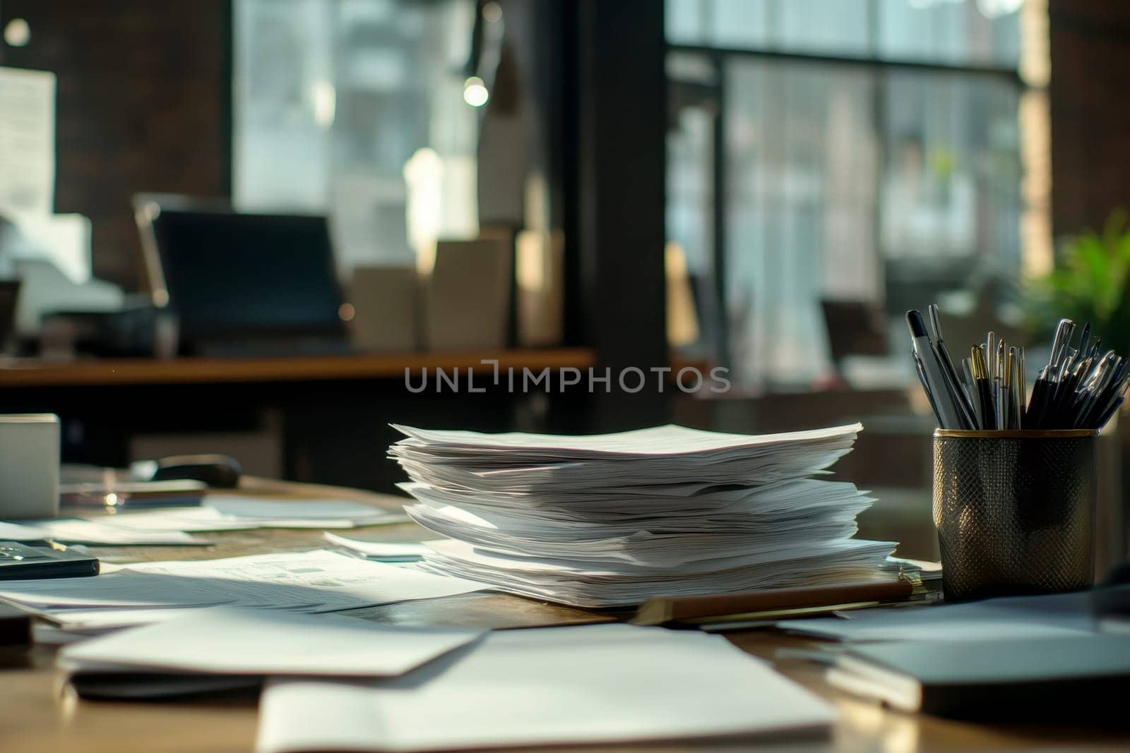 a desk looking overwhemed with piles of papers on desk in office background..