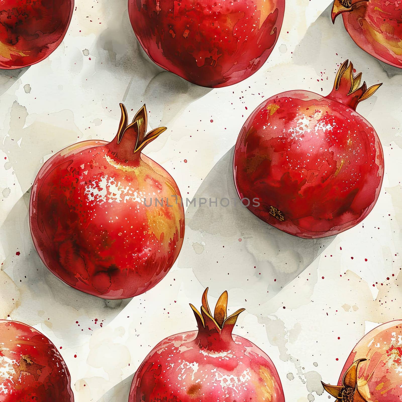 Bright red pomegranates with golden accents are displayed in a repeating pattern on a soft, textured surface.