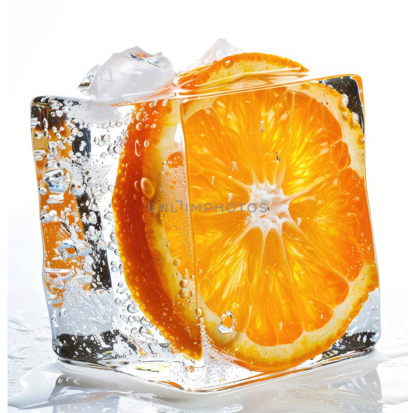 Ice cubes encapsulate vibrant orange slices, reflecting light and creating a refreshing look. The scene showcases coolness and summer vibes beautifully.
