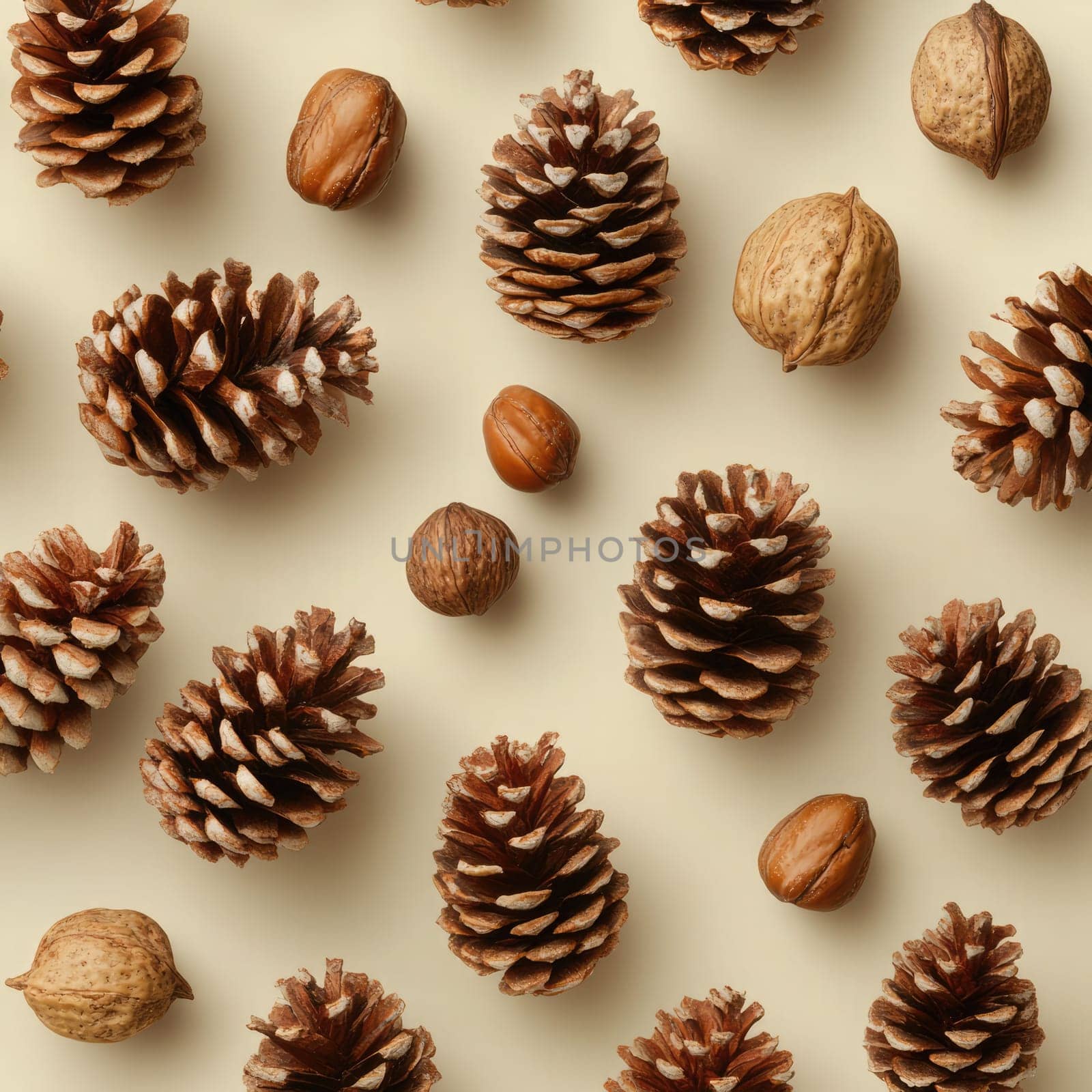 A variety of pine cones and nuts are spread out on a smooth beige surface, capturing the essence of early autumn with their rich textures and natural colors.