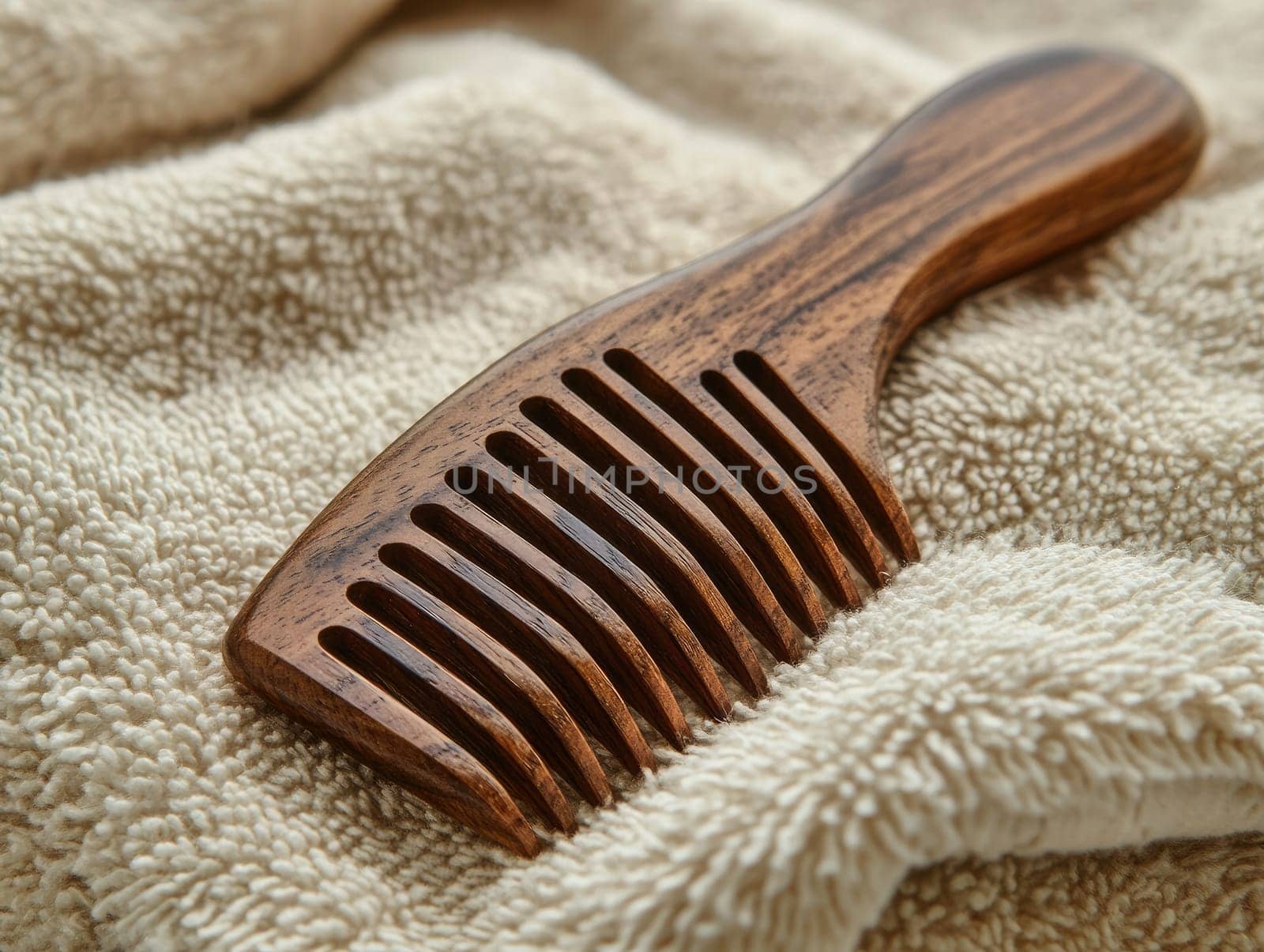 This wooden comb is placed on a plush towel, highlighting a serene bathroom environment, ideal for personal grooming routines.