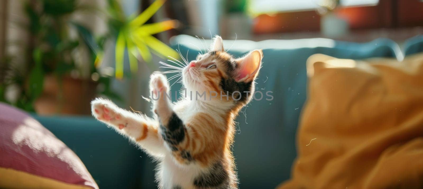 A vibrant and fun scene featuring a playful calico kitten standing on its hind legs, reaching towards a toy in a colorful, cozy living room. sunlight filters through the window, the kitten's playful energy and the room's warm decor.