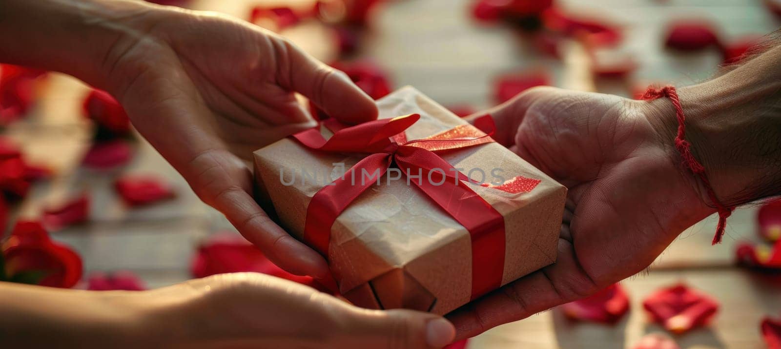 Hands engage in the exchange of a beautifully wrapped gift with a red ribbon, set amidst rose petals. capturing themes of love and celebration, this image is ideal for use in romantic marketing and gift campaigns.