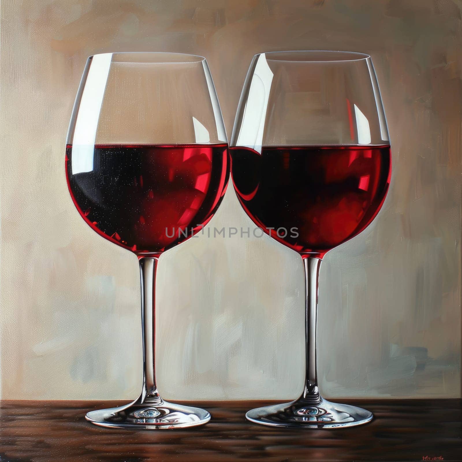 Two beautifully crafted red wine glasses stand side by side, each filled with deep red wine, resting on a smooth wooden surface with a warm, neutral backdrop.