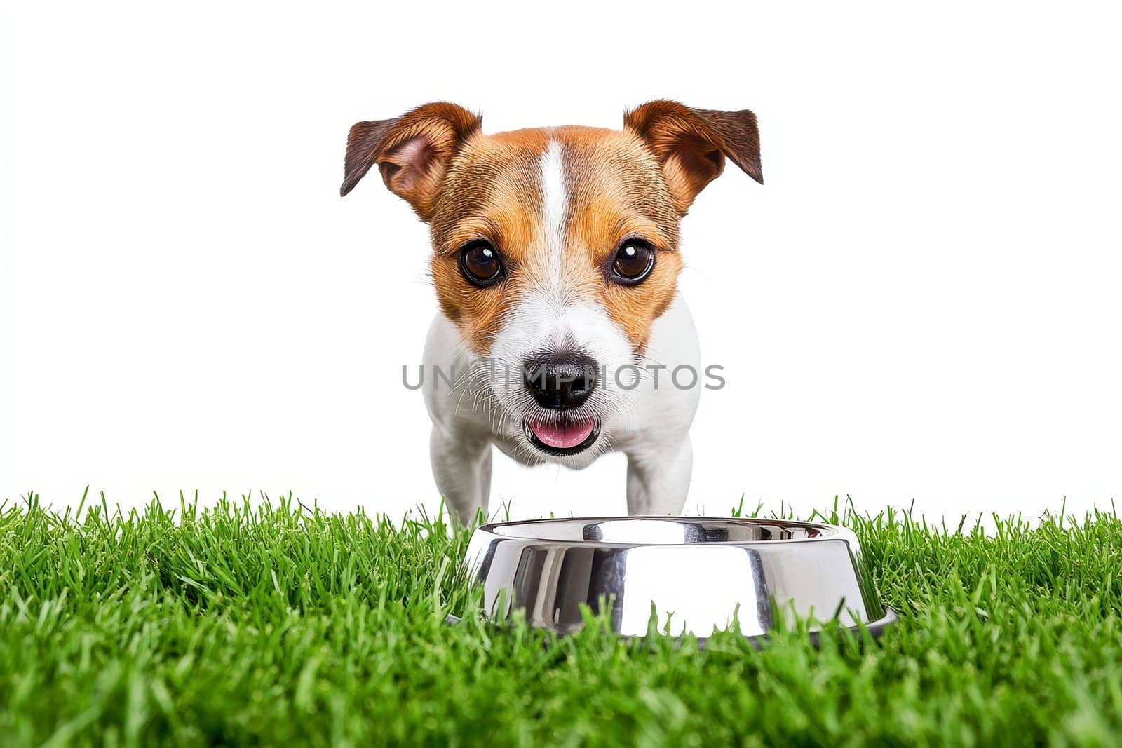 Jack Russell terrier dog sitting by empty metal food bowl on isolated white background..