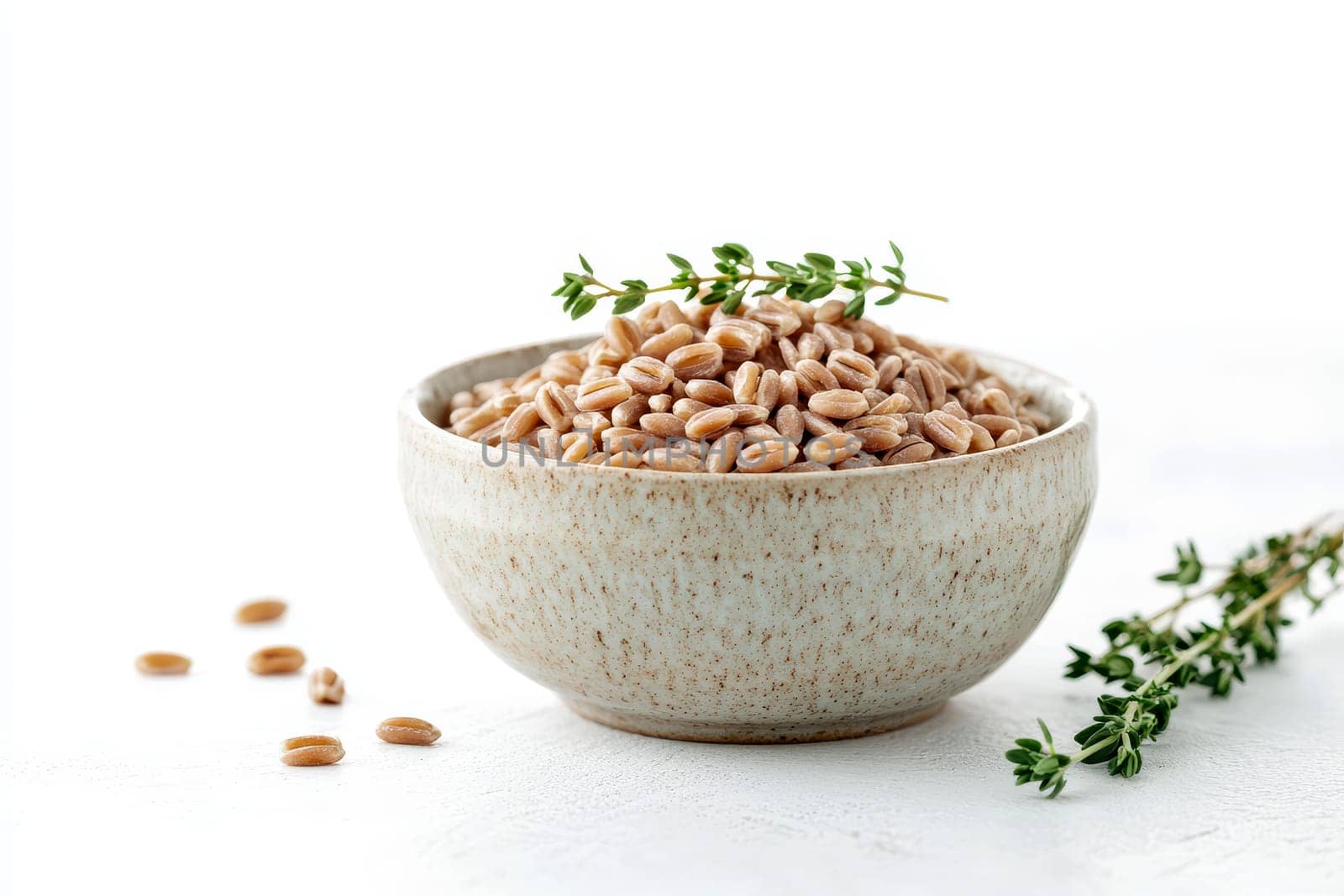 Organic farro grains and a sprig of thyme isolated background..
