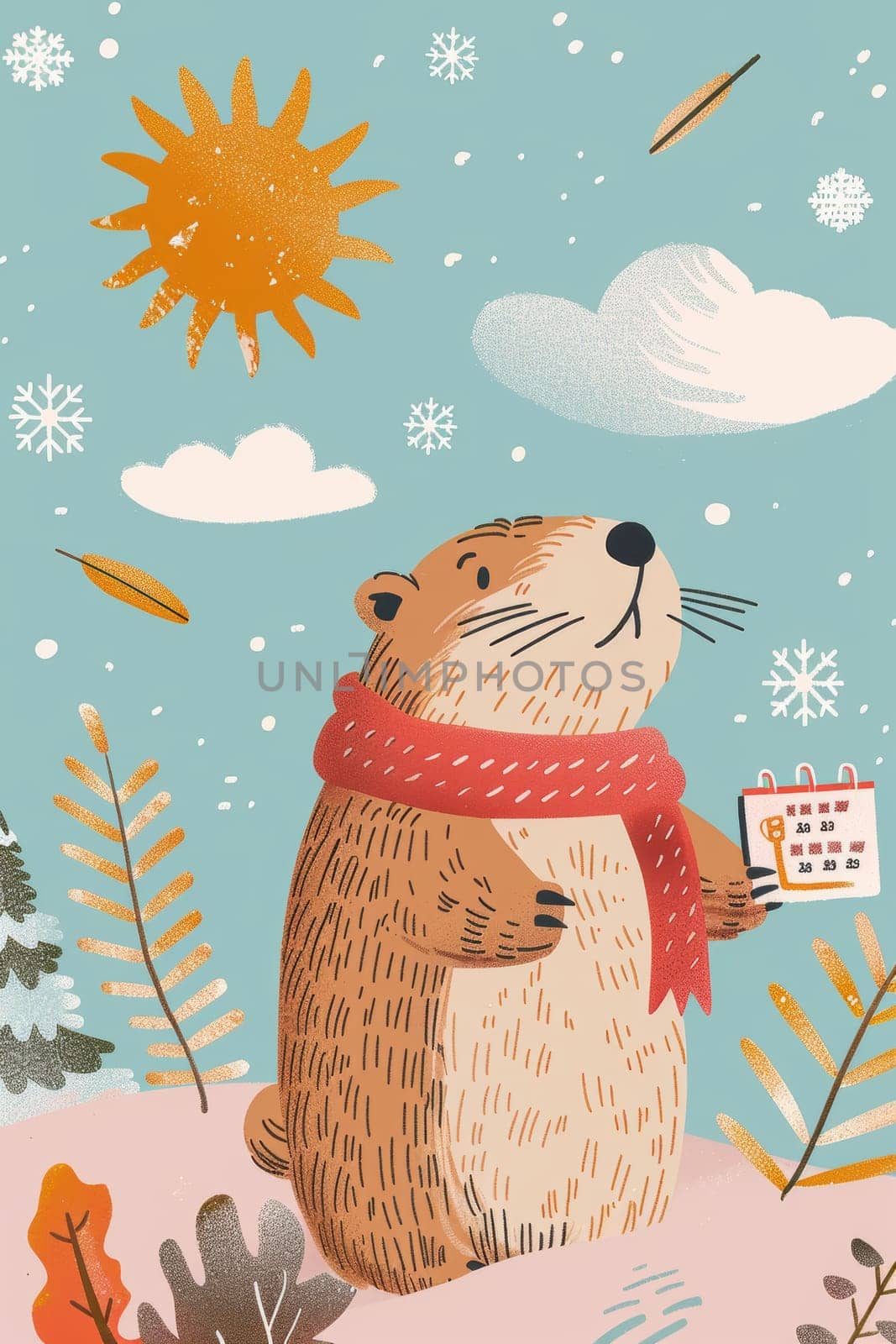 Cheerful groundhog day card features a cartoon groundhog holding a weather forecast sign amid falling leaves, sun, clouds, and snowflakes. vibrant colors and playful design complement space for personalized messages.