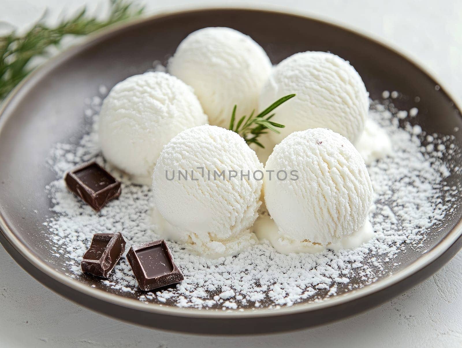A plate features several scoops of creamy vanilla ice cream, garnished with chocolate pieces and a dusting of powdered sugar, inviting indulgence at dessert time.