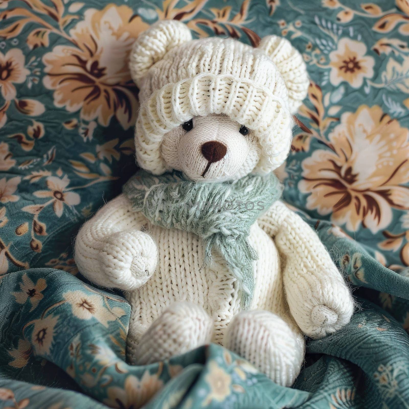 A charming knitted bear dressed in a cozy hat and scarf sits comfortably amidst a floral patterned fabric, radiating warmth and comfort in the cozy ambiance.