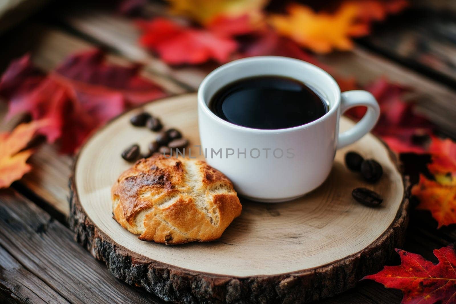 bread and coffee placed on a wooden surface , maple leaves autumn decoration, bakery scene..