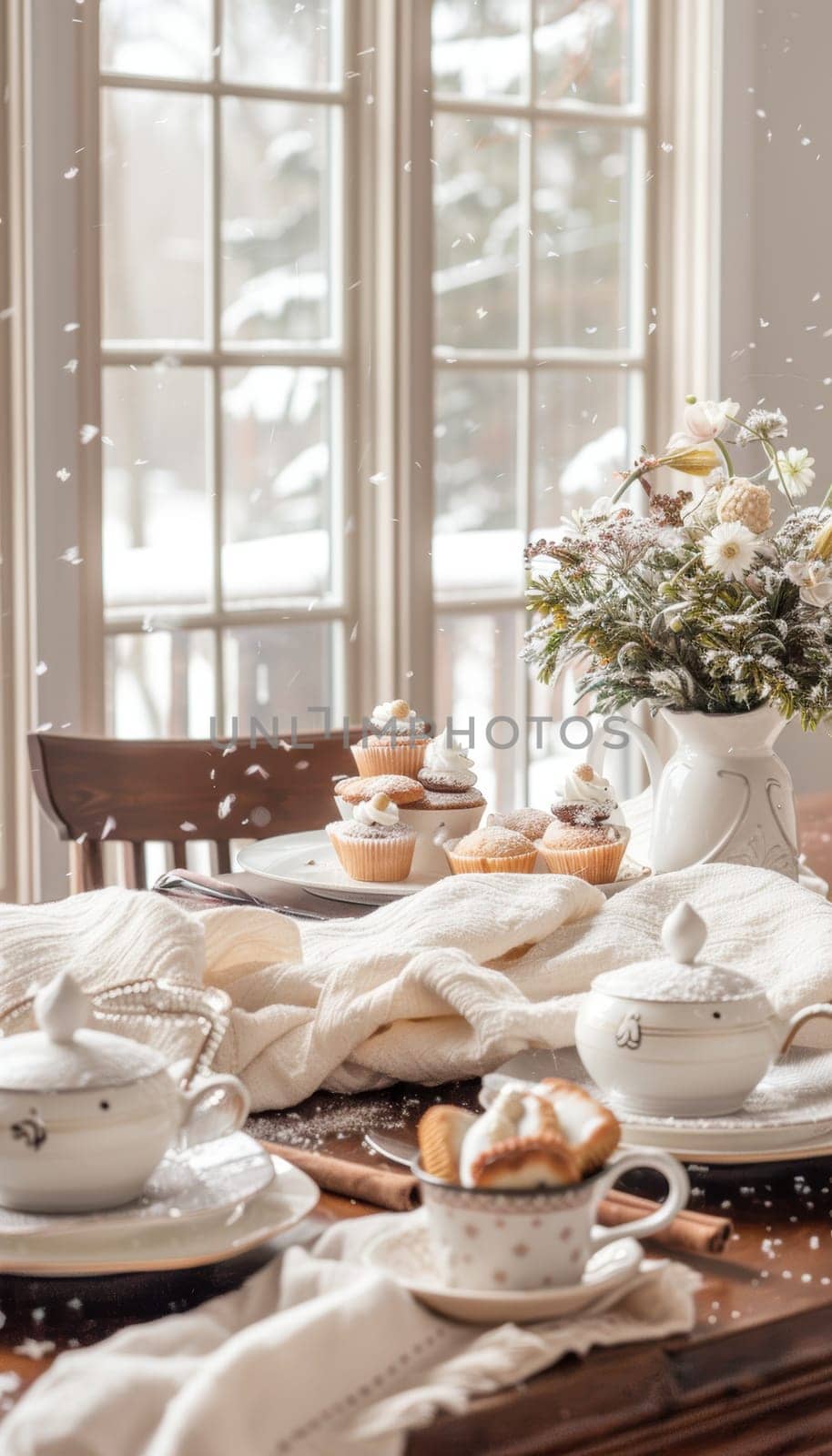 A dining table set for a groundhog day brunch features groundhog-themed cupcakes, elegant floral centerpieces, and cozy winter decor. snow gently falls outside the large windows, creating a serene winter ambiance.