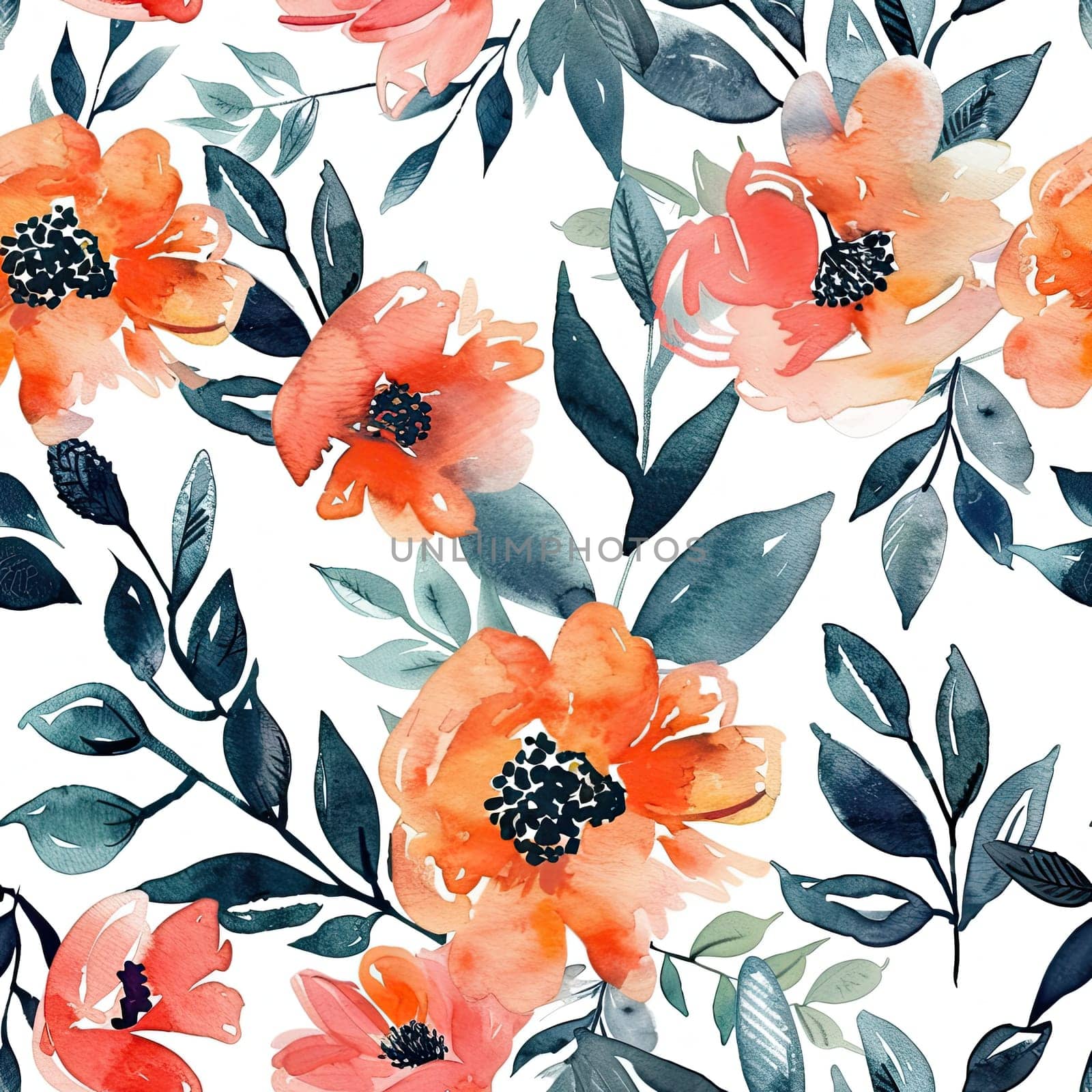 Colorful orange blossoms intermingle with deep green leaves against a fresh white backdrop, forming a lively and eye-catching floral pattern perfect for textile design.