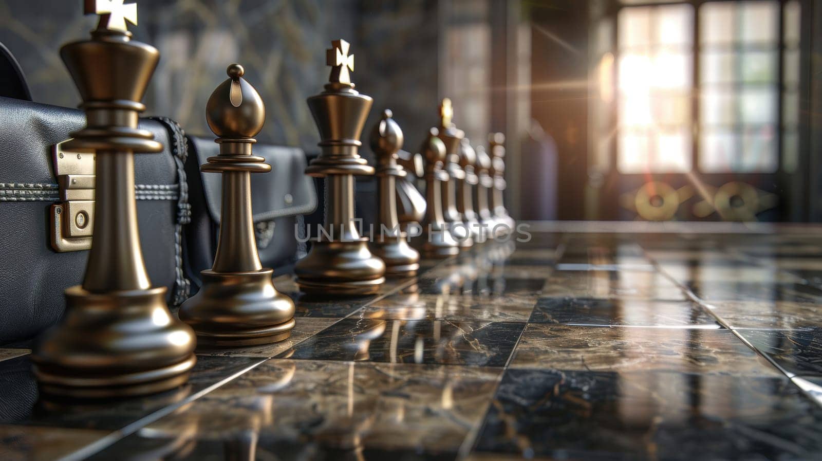 A chessboard reimagined with corporate symbols such as briefcases and graphs in place of traditional pieces, illustrating the intricacies of business strategy. conceptual, with photorealistic detail and high visual impact.