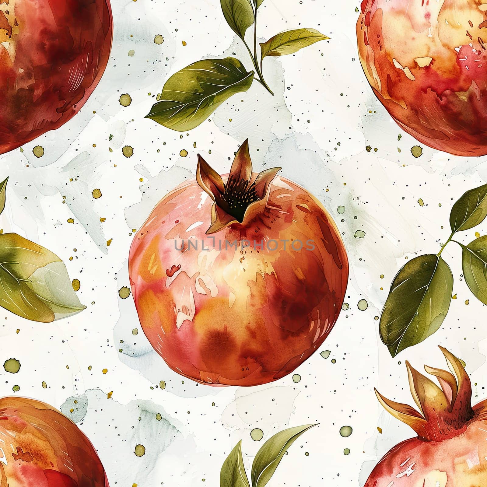 This artwork showcases a vibrant arrangement of pomegranates with rich colors and leafy accents against a soft backdrop.