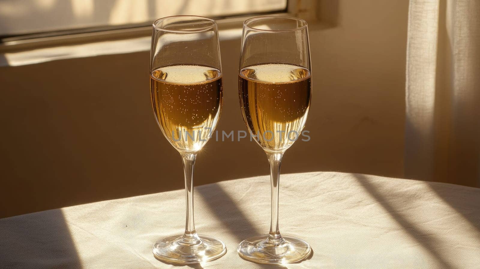 Two sparkling champagne glasses sit on a table, capturing warm sunlight streaming through a nearby window, creating a bright and inviting atmosphere.