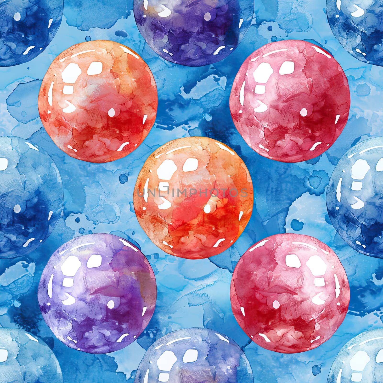 Vibrant spheres in various colors float on a blue background, showcasing a playful and artistic design with a watercolor effect.