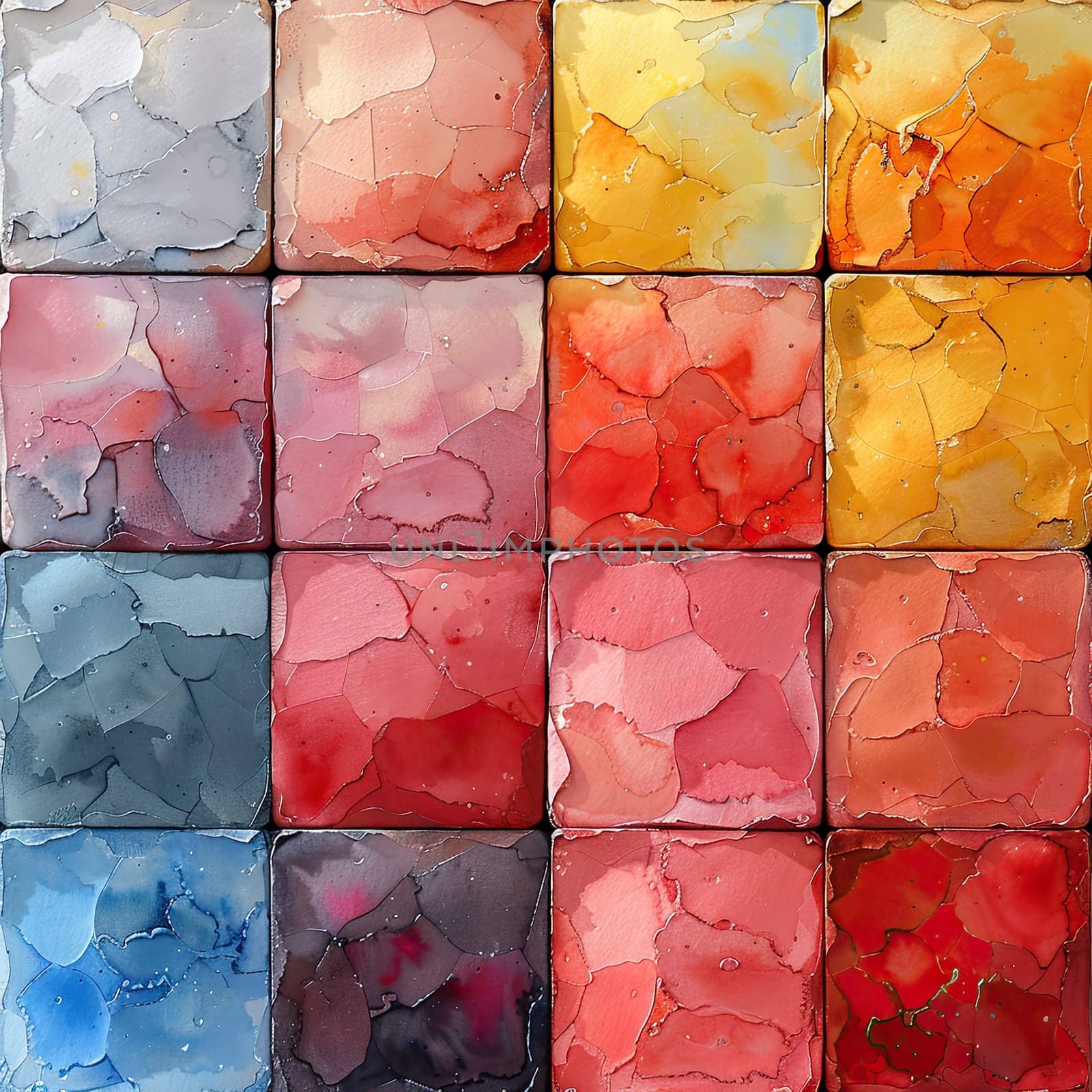 This artwork features a grid of 16 textured squares, each displaying a unique blend of colors ranging from deep reds to soft blues, creating an eye-catching visual effect.