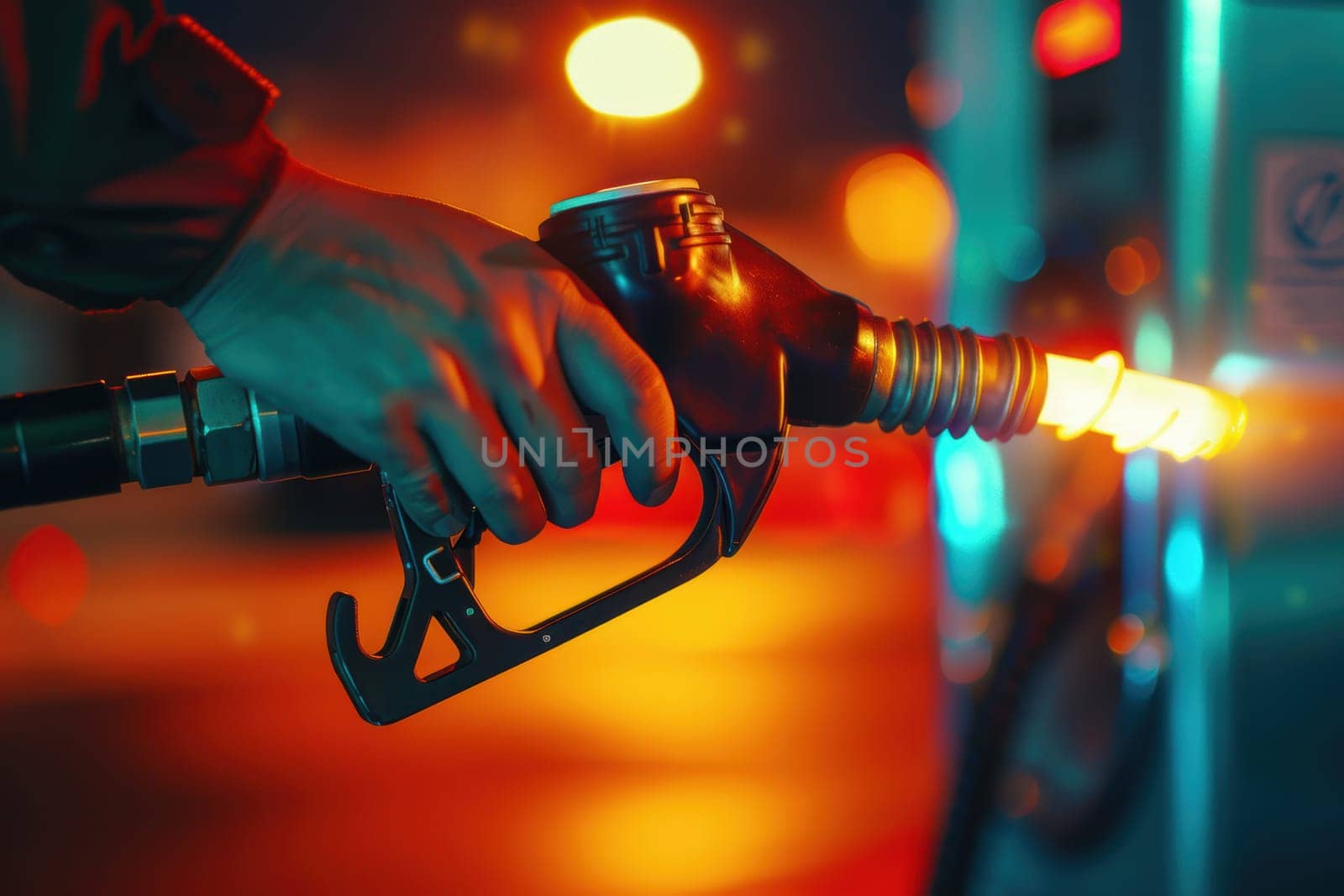 A gripping close-up of a hand on a glowing fuel pump nozzle, symbolizing the drive and energy needed to overcome business challenges. the photorealistic scene features vibrant, soft lighting for dramatic effect.