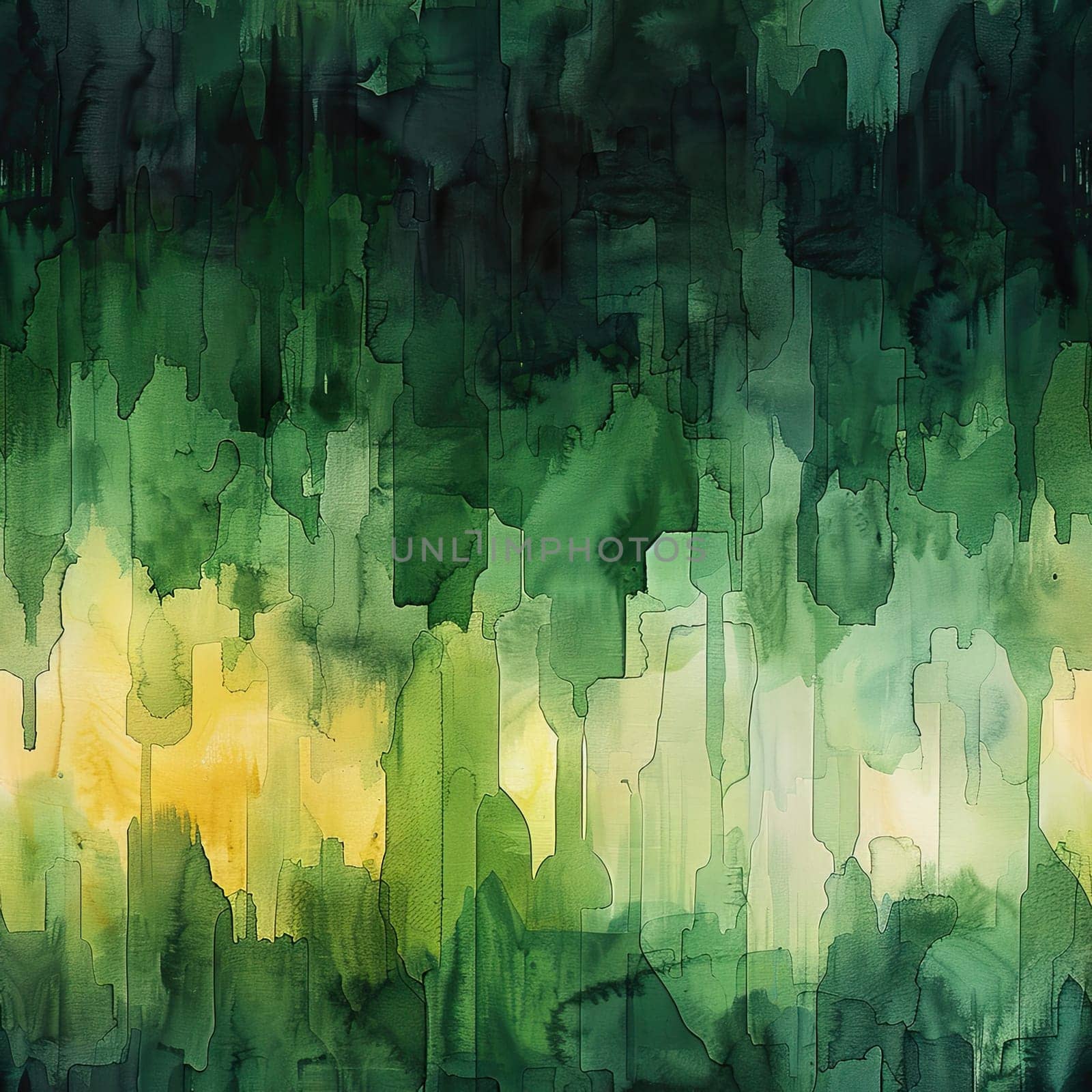 An abstract design features varying shades of green and yellow, creating a calming atmosphere reminiscent of a tranquil landscape.