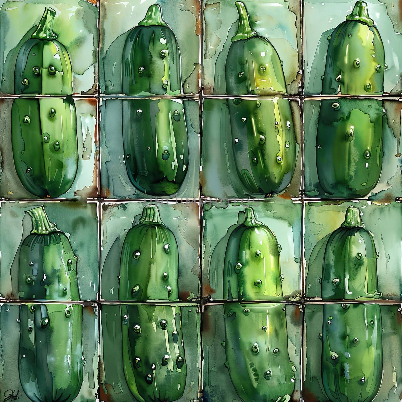 A collection of fresh cucumbers is displayed in a grid-like pattern, highlighting their vibrant green color and the water droplets on their skin, emphasizing their freshness.