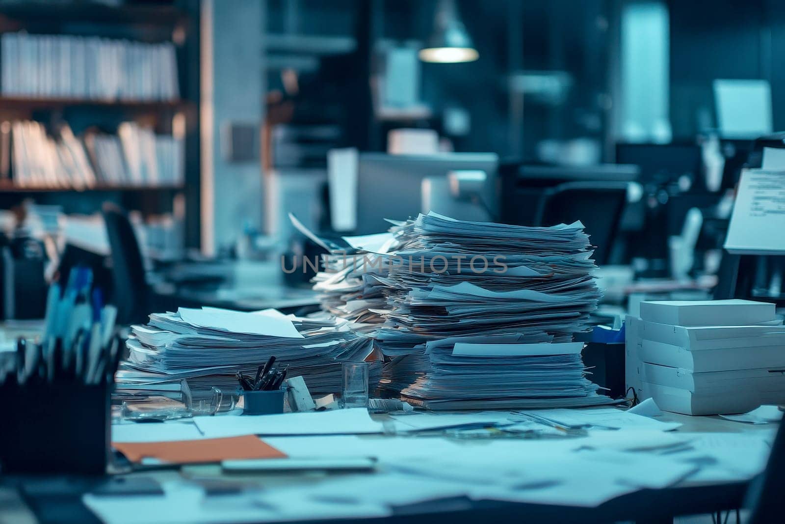 a desk looking overwhemed with piles of papers on desk in office background..