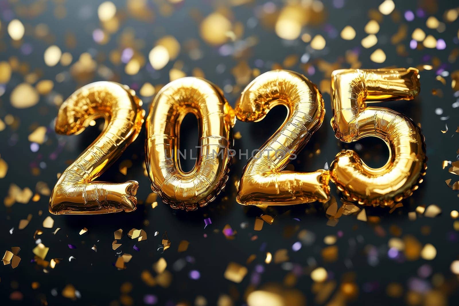 Happy new year. 2025 text new year gold foil balloon decoration..