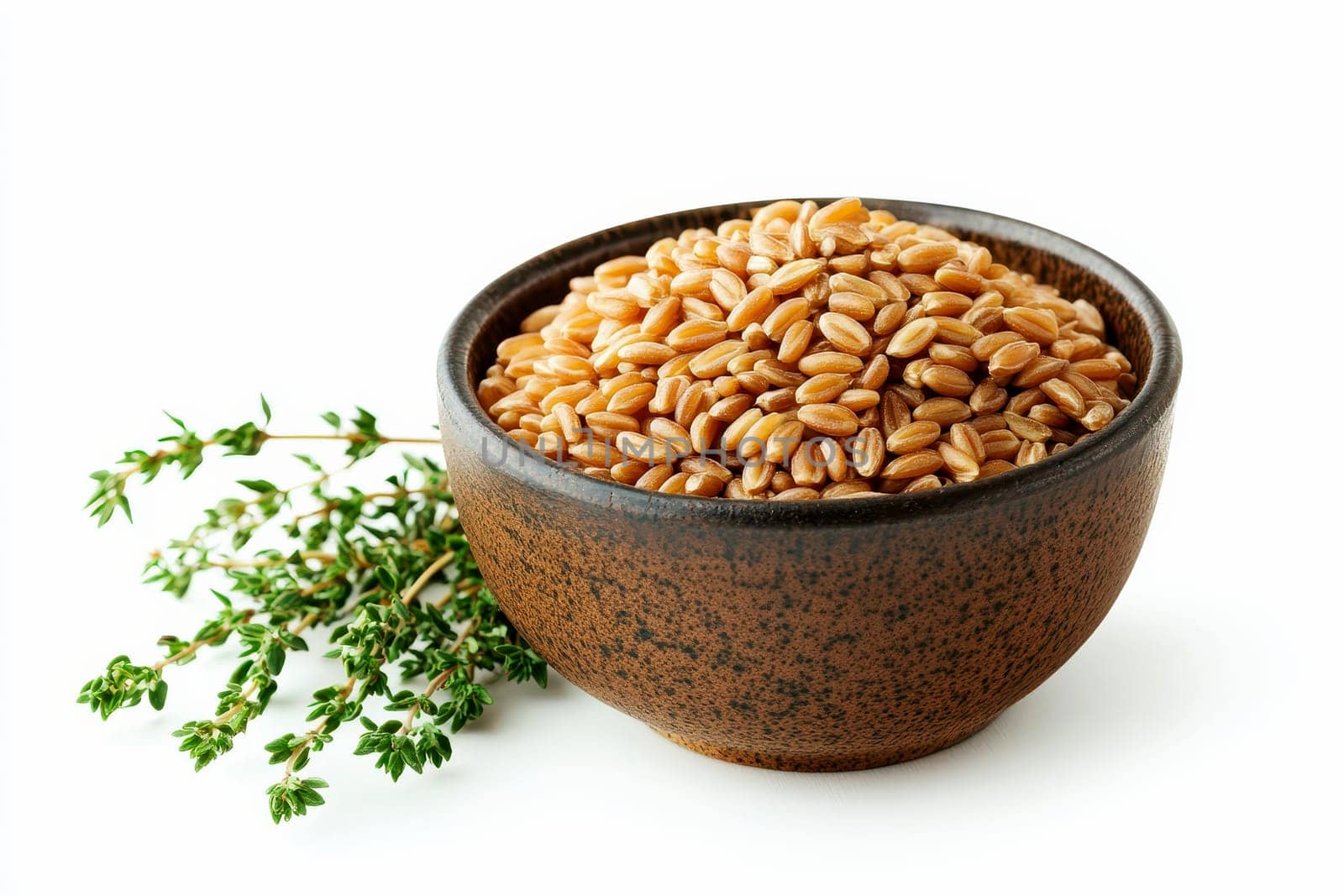 Organic farro grains and a sprig of thyme isolated background..