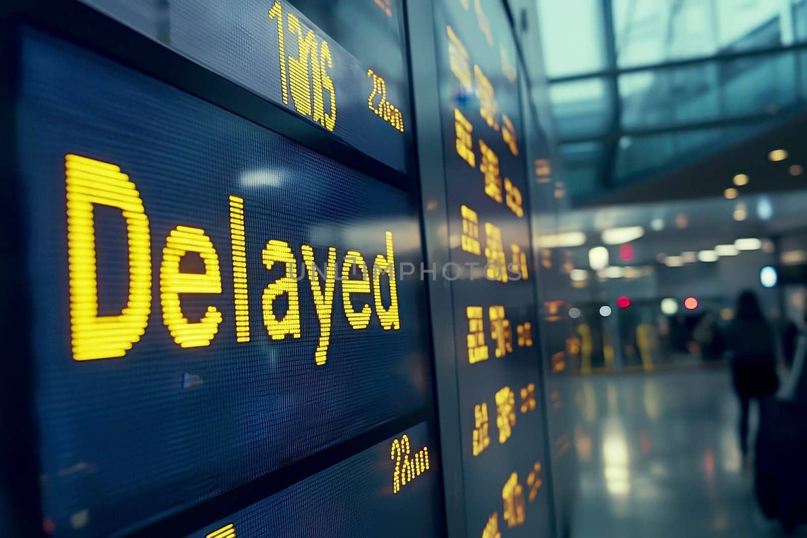 An airport departure board displays multiple flights labeled as Delayed, indicating widespread disruptions, possibly due to an airline strike or technical problems with the aircraft..