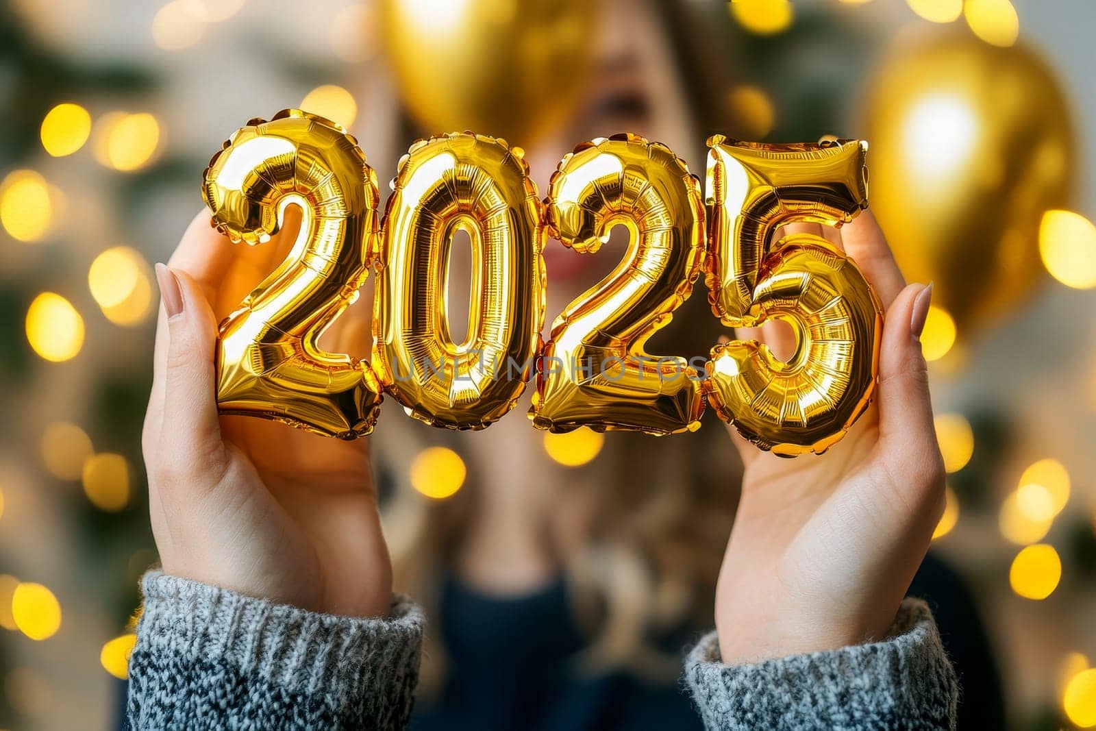 Happy new year. Portrait of a young woman holding 2025 new year gold foil balloon decoration..