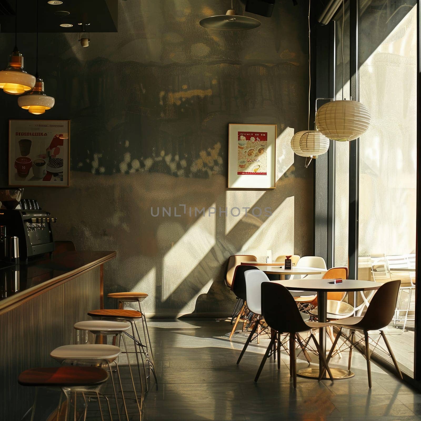 Natural light streams through large windows, illuminating a stylish café with modern furniture. A warm and inviting atmosphere invites patrons to enjoy their time.