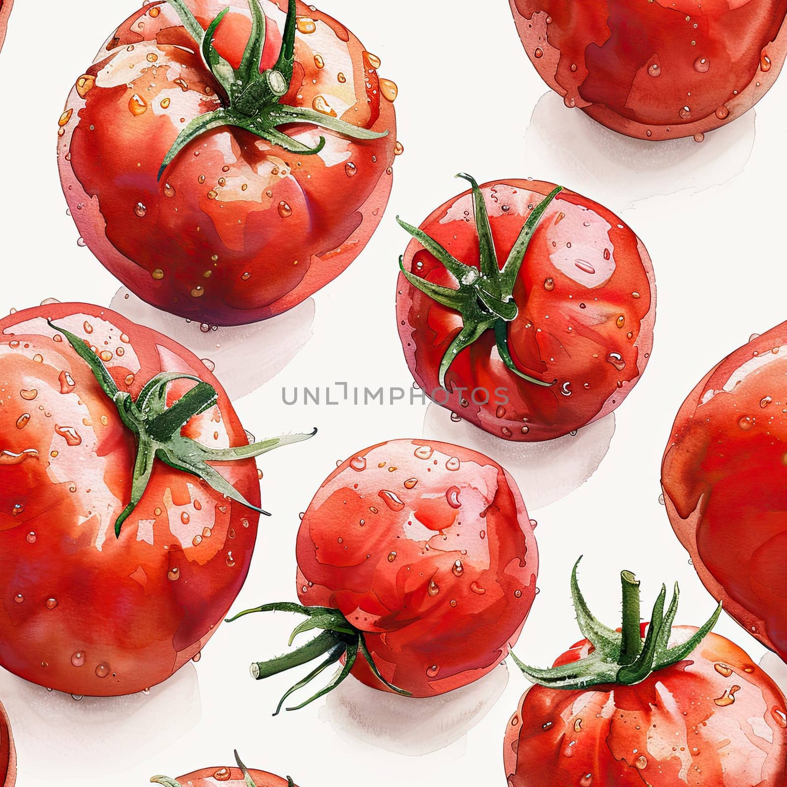 Juicy red tomatoes glisten with water droplets, arranged artistically against a light backdrop, showcasing their vibrant color and freshness.
