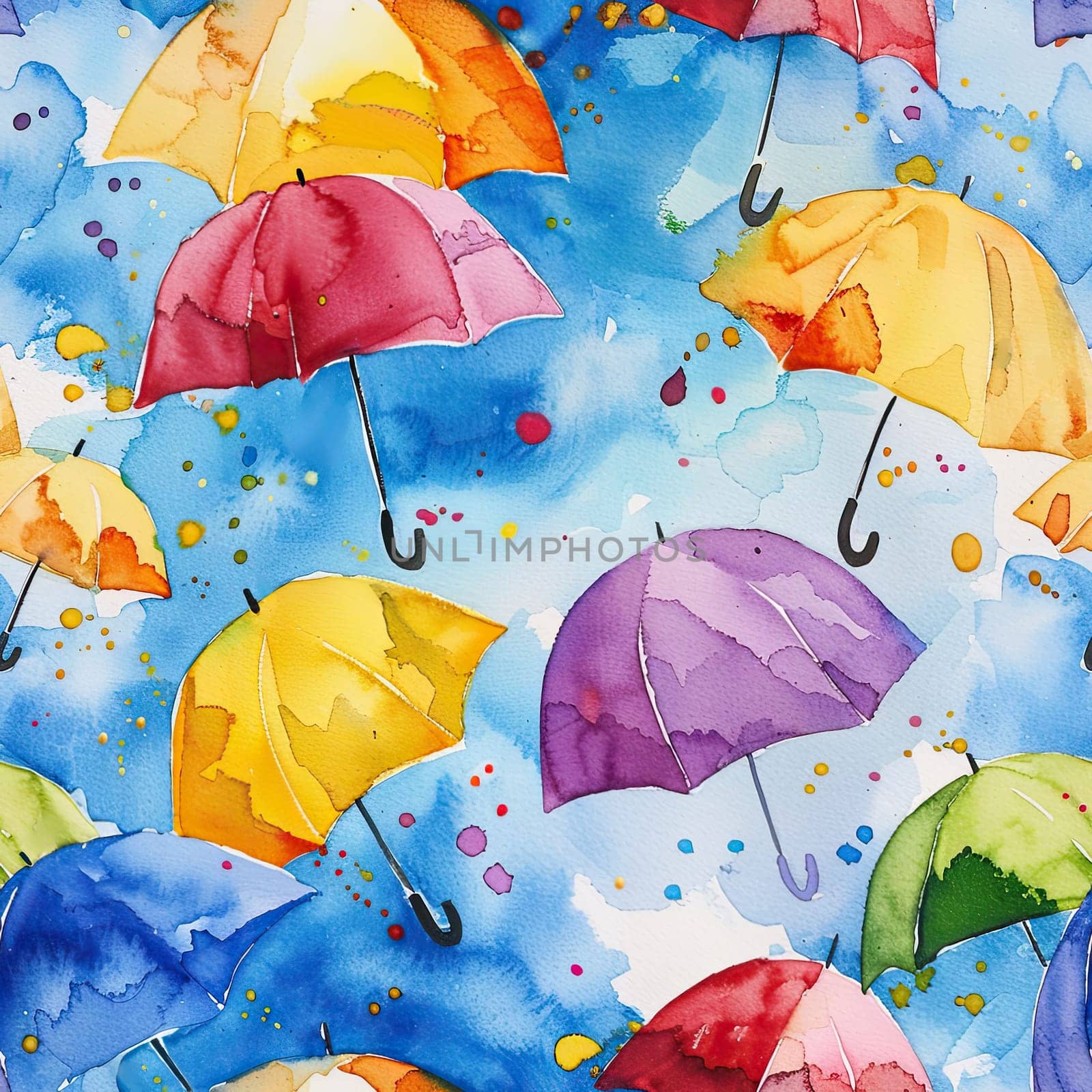 A vibrant display of various colored umbrellas against a blue background, creating a playful and artistic rain-themed atmosphere.