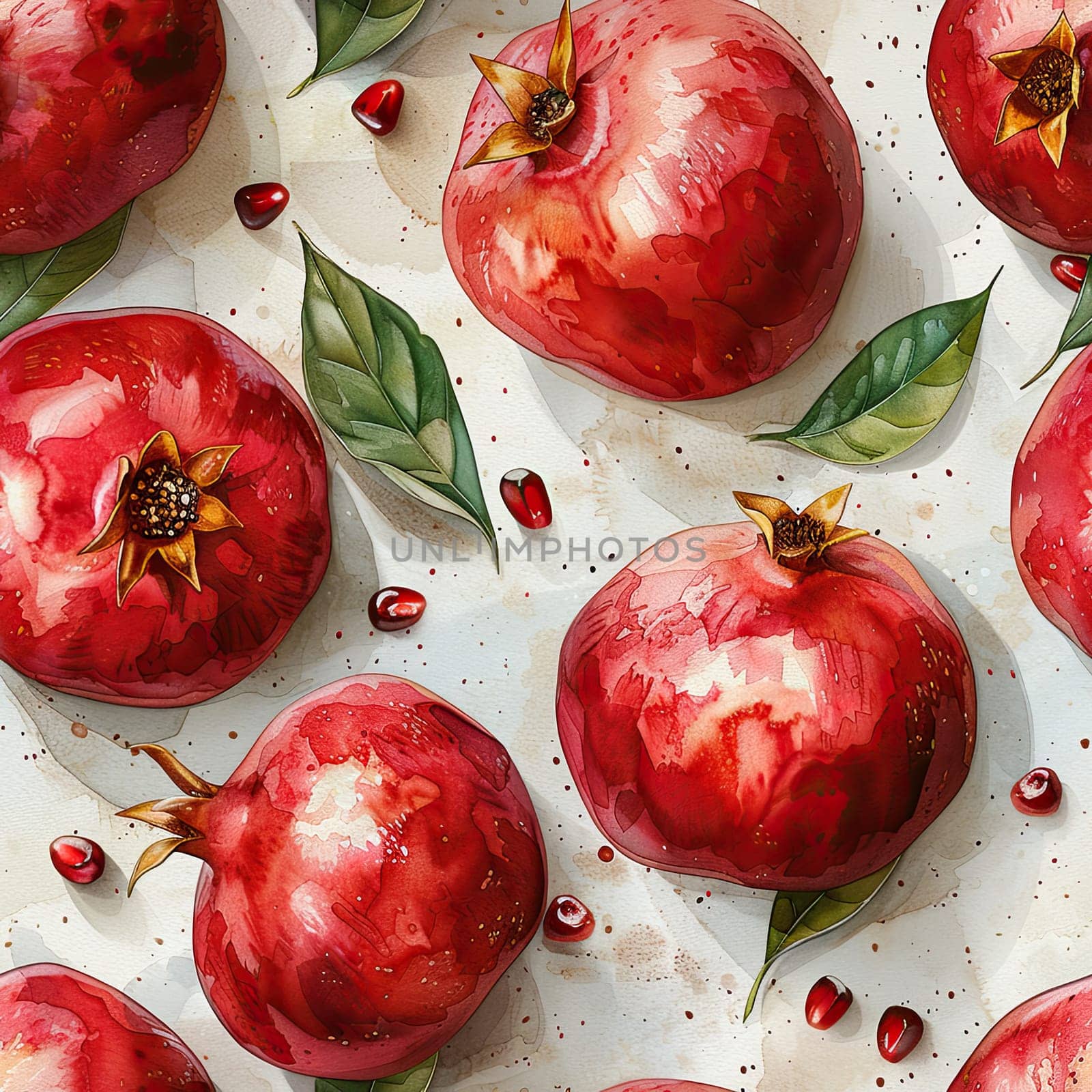 Juicy pomegranates display their rich red hues alongside glossy green leaves, showcasing nature's bounty in a colorful arrangement.