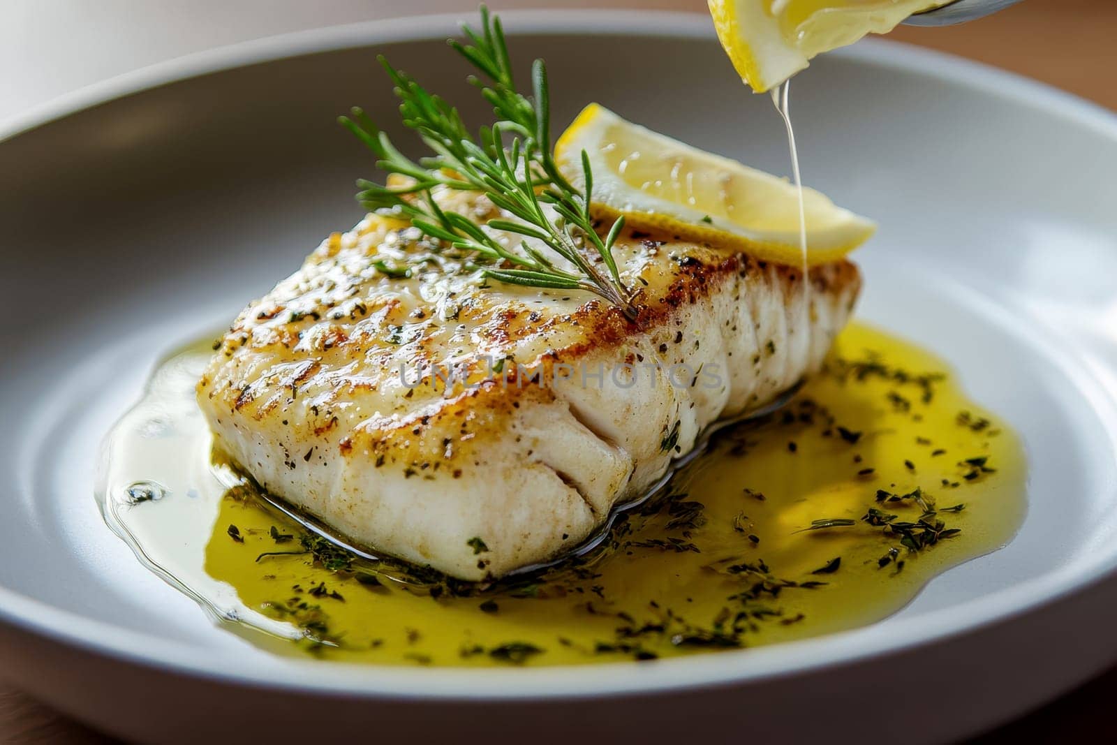 Fine dining chef cooking grilled fish fillet in creamy butter lemon or cajun spicy sauce with herbs.