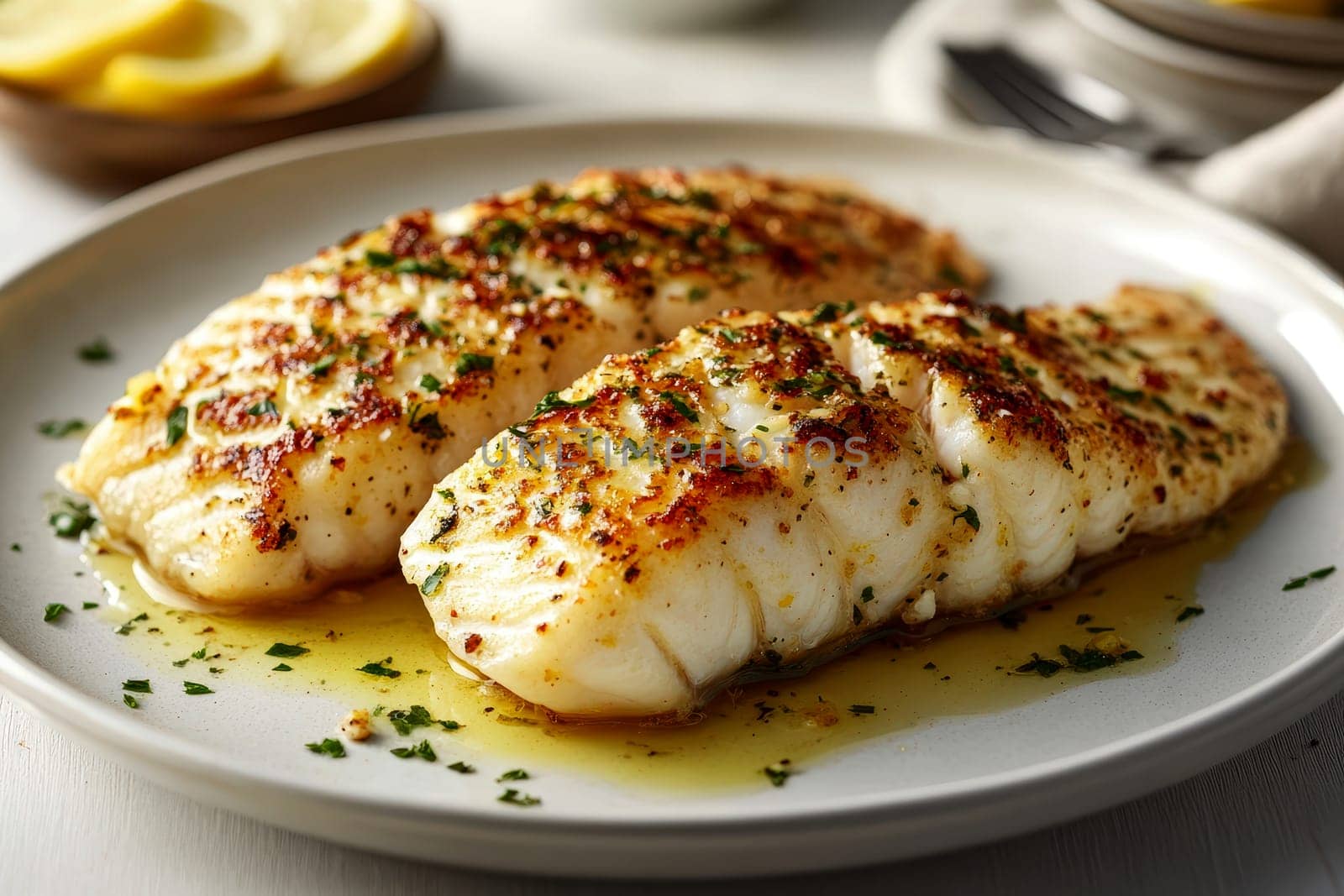 Fine dining chef cooking grilled fish fillet in creamy butter lemon or cajun spicy sauce with herbs.